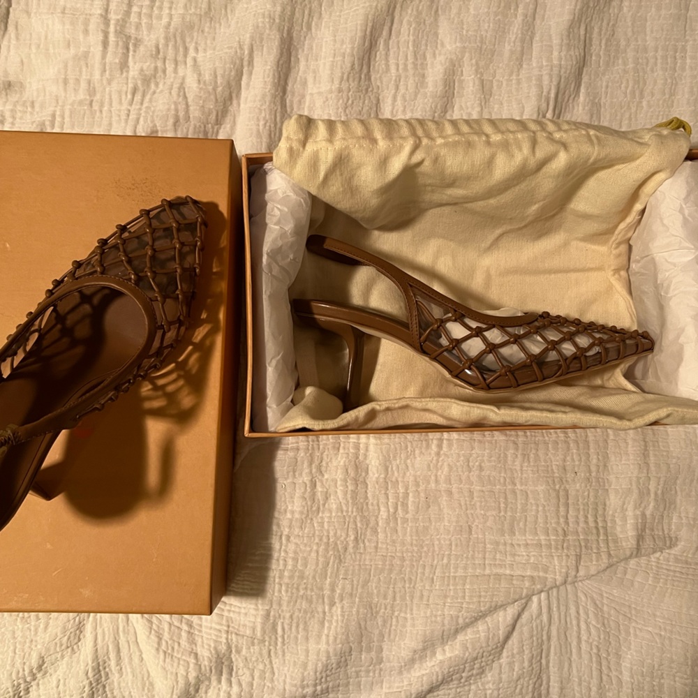 Cult Gaia Soray 75 brown knotted pointed toe sling back heel